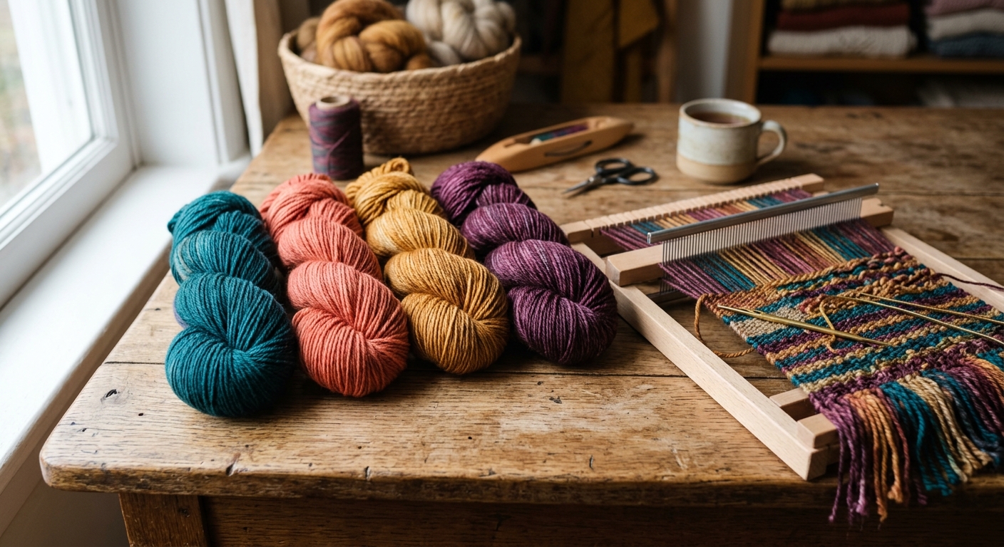 Hand-dyed yarn skeins in jewel tones with weaving sample