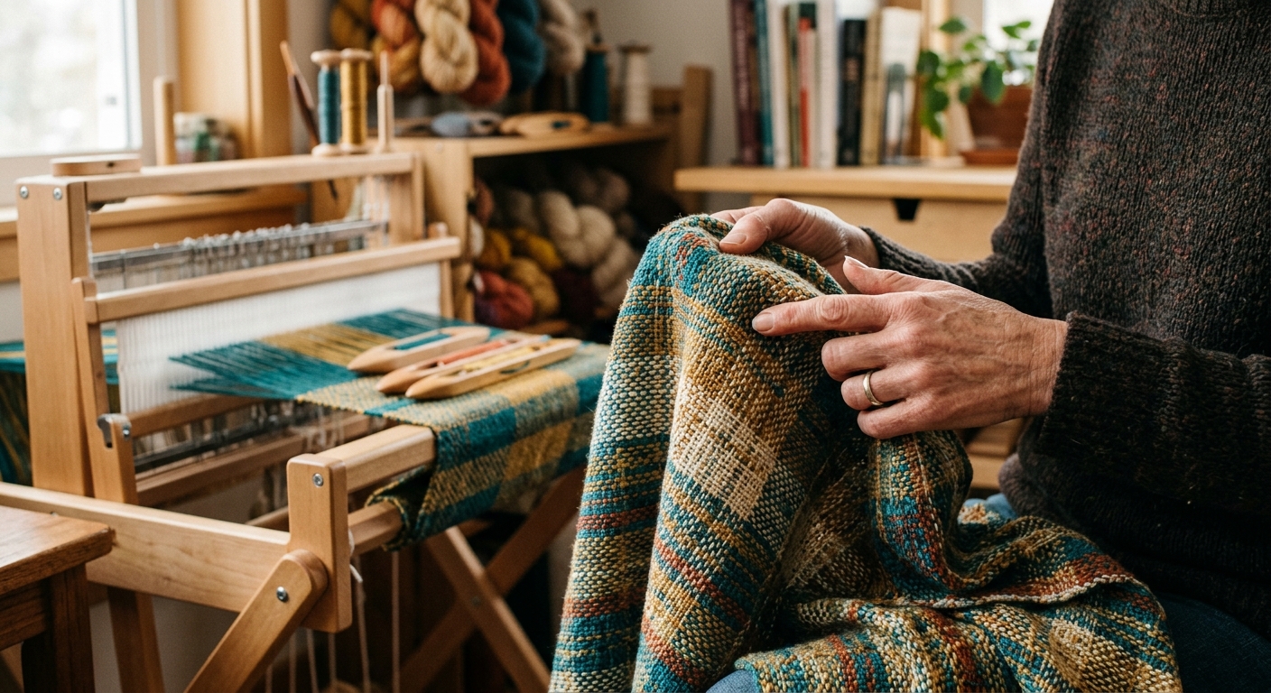Hands examining a hand-woven textile in a fiber arts studio