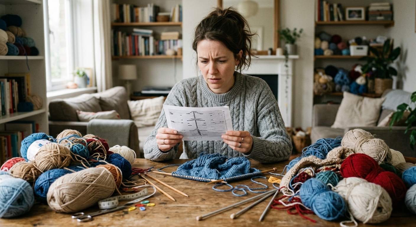 A fiber artist confused by a pattern chart, surrounded by tangled yarn